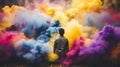 A man standing in front of a cloud of colored smoke. Generative AI image.