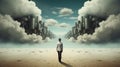 A man standing in front of a cloud filled city, AI