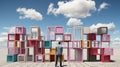 A man standing in front of a colorful structure. Generative AI image. Royalty Free Stock Photo