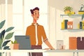 a man is standing in front of a desk with a laptop, an animated explainer video for a business service Royalty Free Stock Photo