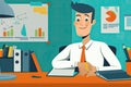 a man is standing in front of a desk with a laptop, an animated explainer video for a business service Royalty Free Stock Photo