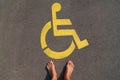 Man standing in front of a disable handicap parking sign Royalty Free Stock Photo