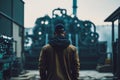 Man standing in front of factory with large machine in the back ground. Generative AI