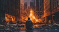 A man standing in front of a fire in a city. Generative AI image.