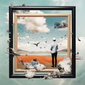 a man standing in front of a frame with birds flying in the background Royalty Free Stock Photo