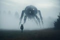 Man standing in front of giant alien spaceship in misty forest, UFO arrival with man walking