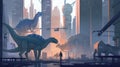 A man standing in front of a giant dinosaur. Generative AI image.