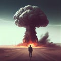 A man standing in front of a giant mushroom nuclear explosion, Made with Generative AI