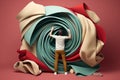 A man standing in front of a giant roll of fabric, AI