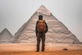 a man standing in front of the great pyramids. Generative Ai Royalty Free Stock Photo