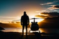 Man standing in front of helicopter on beach with the sun setting in the background. Generative AI