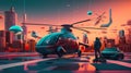 A man standing in front of a helicopter on a city street. AI generative image