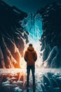 Man standing in front of ice cave looking at the light at the end of the tunnel. Generative AI Royalty Free Stock Photo