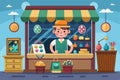 A man standing in front of a jewelry shop selling items on display, Jewelry shop Customizable Cartoon Illustration