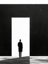 A man standing in front of a large black door, AI Royalty Free Stock Photo