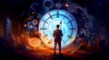 Man standing in front of large clock with city in the background. Generative AI Royalty Free Stock Photo