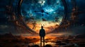 Man standing in front of large clock in the sky. Generative AI Royalty Free Stock Photo