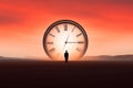 a man standing in front of a large clock at sunset Royalty Free Stock Photo
