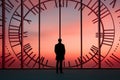 a man standing in front of a large clock at sunset Royalty Free Stock Photo