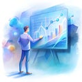 A man is standing in front of a large digital screen displaying financial data. Royalty Free Stock Photo