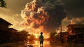 A man standing in front of a large explosion, AI Royalty Free Stock Photo