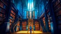 Man standing in front of library filled with books. Generative AI