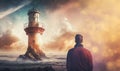 a man standing in front of a lighthouse in the middle of the ocean with a sky full of clouds and stars in the sky above Royalty Free Stock Photo
