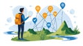 A man standing in front of a mountain range with a map in his hand showcasing multiple interconnected locations. This illustration