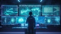 A man standing in front of multiple monitors. AI generative image Royalty Free Stock Photo