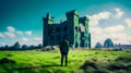 Man is standing in front of an old castle. Generative AI Royalty Free Stock Photo