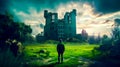 Man standing in front of an old castle. Generative AI Royalty Free Stock Photo