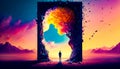 Man standing in front of open door with tree on it. Generative AI Royalty Free Stock Photo