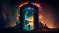 man standing in front of opened magic door to fantasy world, neural network generated art