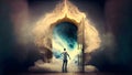 man standing in front of opened magic fantasy door with white smoke, neural network generated art