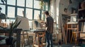 Man Standing in Front of Painting on Easel Royalty Free Stock Photo