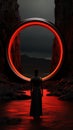 A man standing in front of a red circle. Generative AI image. Royalty Free Stock Photo