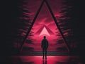 A man standing in front of a red triangle. Generative AI image. Royalty Free Stock Photo