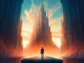 A man standing in front of a tall color and light tower in a futuristic style in the rays of the sun. AI generated