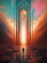 A man standing in front of a tall color and light tower in a futuristic style in the rays of the sun. AI generated