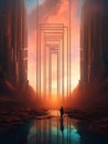 A man standing in front of a tall color and light tower in a futuristic style in the rays of the sun. AI generated