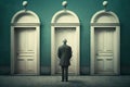 Man standing in front of three doors choosing right one, choice concept, generative AI