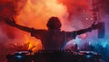 A man is standing in front of two DJ decks by AI generated image Royalty Free Stock Photo