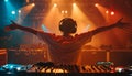 A man is standing in front of two DJ decks by AI generated image Royalty Free Stock Photo