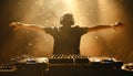 A man is standing in front of two DJ decks by AI generated image Royalty Free Stock Photo