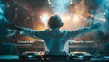 A man is standing in front of two DJ decks by AI generated image Royalty Free Stock Photo