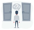 Man standing in front of two doors, unable to make the right decision concept with question marks above his head Royalty Free Stock Photo