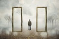 a man standing in front of two open doors in a foggy forest Royalty Free Stock Photo