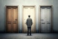 Man standing in front of vintage doors choosing right one, choice concept, generative AI