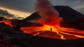 A man standing in front of a volcano at sunset Royalty Free Stock Photo
