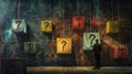Man Standing in Front of Wall of Question Marks Royalty Free Stock Photo